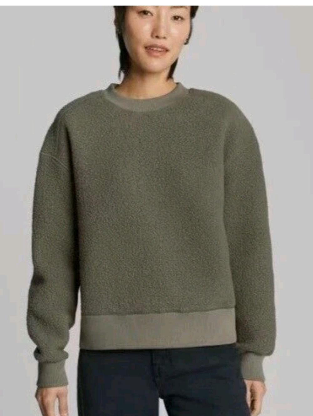 Everlane ReNew Teddy Fleece Pullover Women XS Olive Green Oversized Sweatshirt